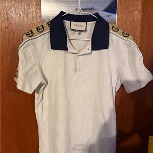 Gucci Men's Polo Shirt in White with Navy Collar and Tan Accents
